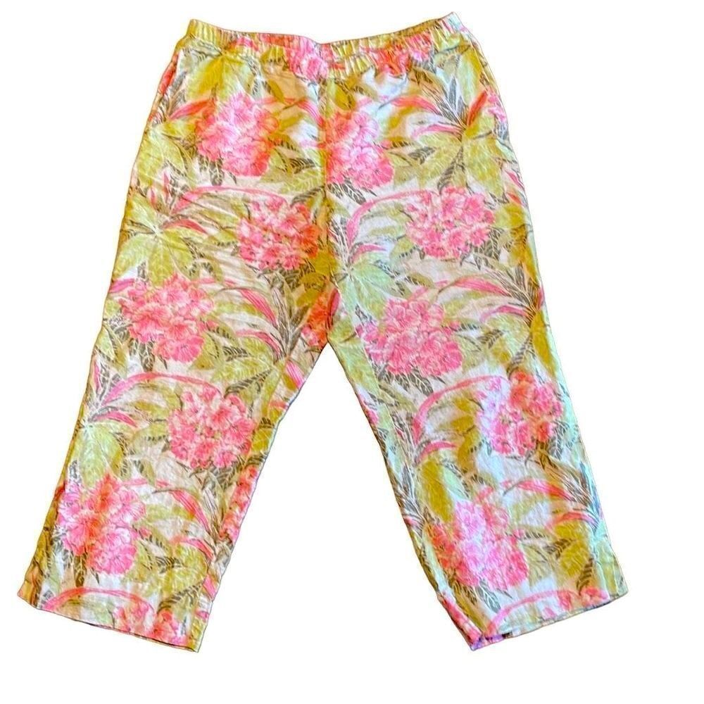 J. Jill linen floral print ankle or crop pants in pink, green, and beige size M